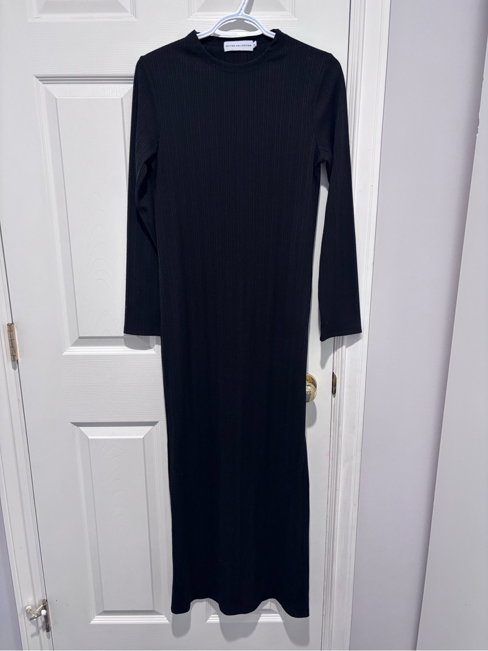 Modest Minimalist Black Ribbed Maxi Dress with Long Sleeves Veiled Collection